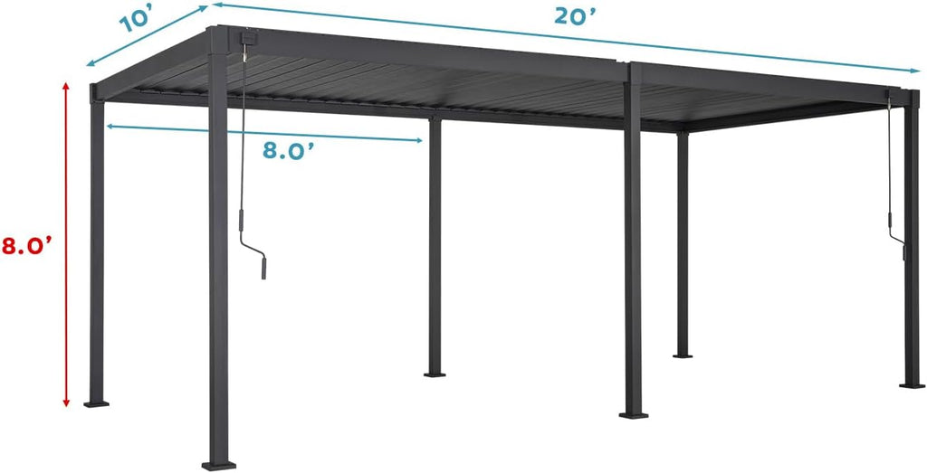 MIRADOR 80S Louvered Pergola 10' x 20', Modern Style with Adjustable Louvers and Integrated Drainage System for Deck Garden Yard, Easy Installation, Plus Size, Charcoal
