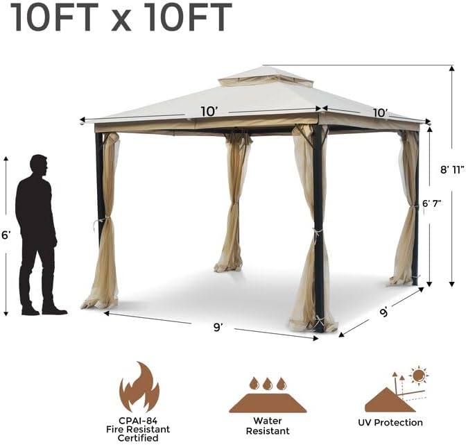 Patio Gazebo 10x10, Outdoor Gazebos, Heavy Duty Gazebo Soft Top Gazebos, Double Roofs Anti-UV Shelter with Privacy Netting for Patio Deck Backyard Garden Lawns