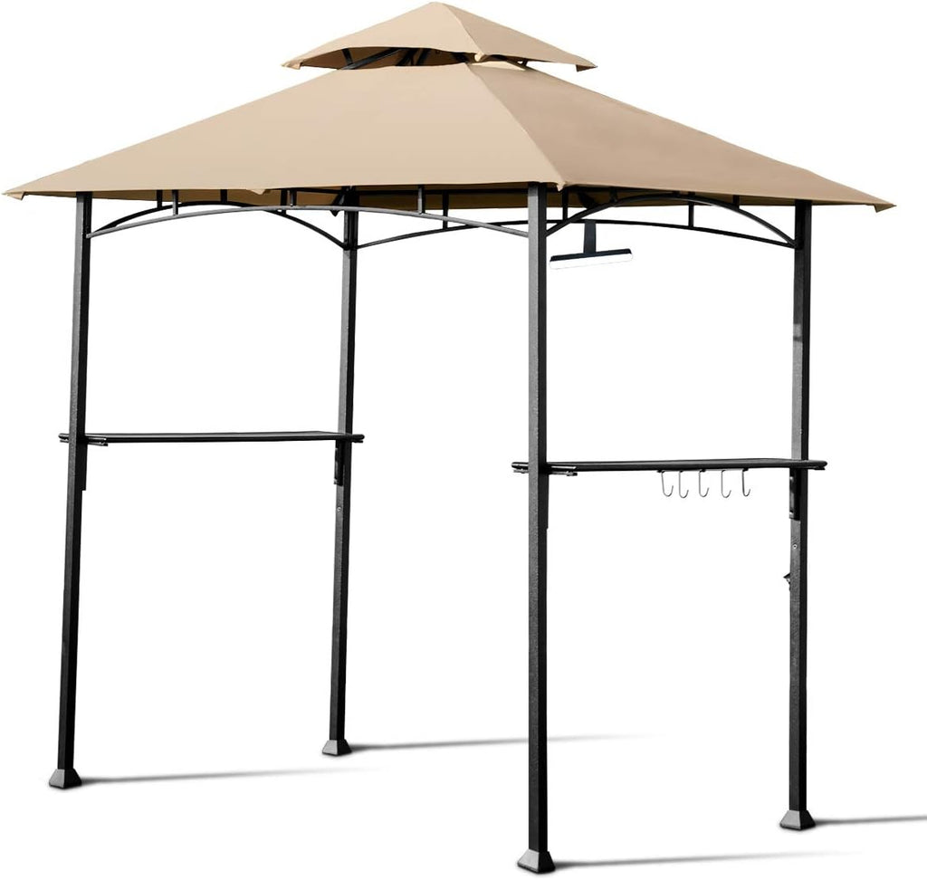 Tangkula 8' x 5' Grill Gazebo, Outdoor Patio Barbecue Gazebo Shelter with LED Lights, 2-Tier Canopy Top Cover Grill Gazebo with Sturdy Steel Frame, Ideal for Gatherings, Parties (Khaki)
