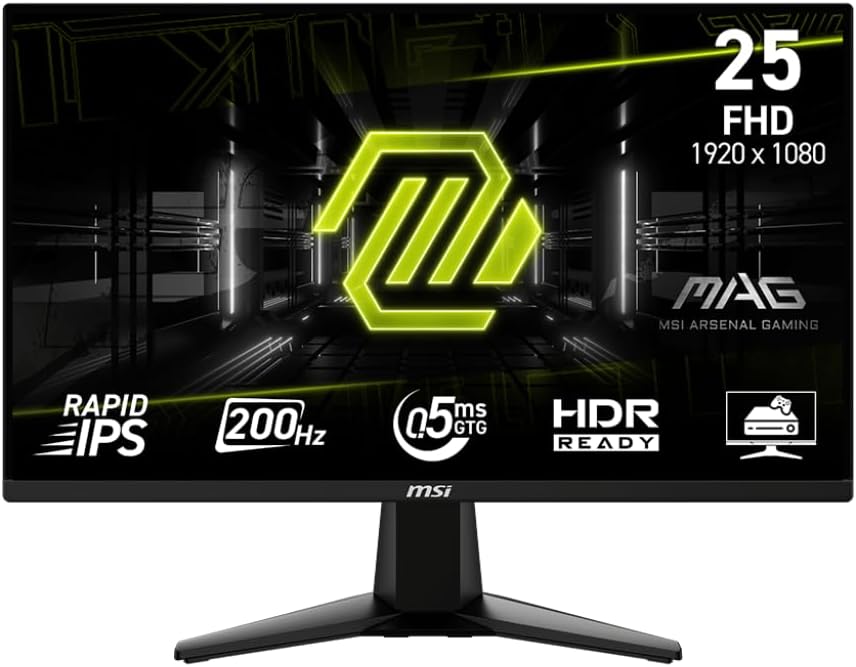 msi MAG 255F E20 25-inch 1920 x 1080 (FHD) Gaming Monitor, 200Hz, Adaptive Sync, HDMI, DisplayPort, VESA Mountable, Tilt, Height Adjustable, Speaker, 0.5ms, Black
