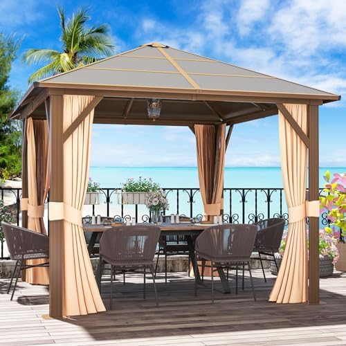 10' x 10' Gazebo Single Polycarbonate Top, Outdoor Aluminum Frame Canopy Pergolas with Curtains and Netting, for Patios