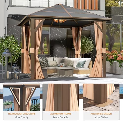 10' x 10' Gazebo Single Polycarbonate Top, Outdoor Aluminum Frame Canopy Pergolas with Curtains and Netting, for Patios