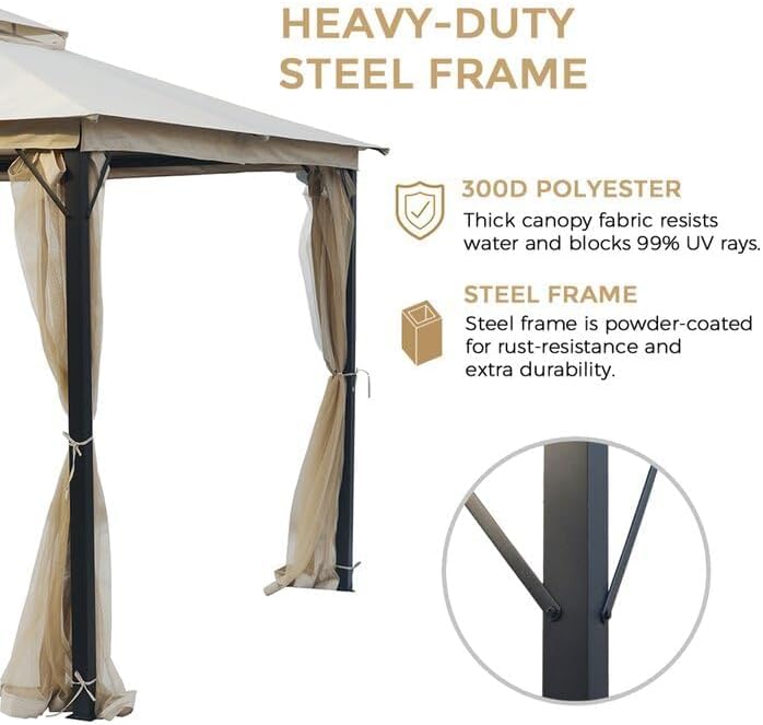 Sannwsg Outdoor Patio Gazebo 10x10 FT, Soft Top Gazebo Canopy with Double Roof, Metal Frame, Mosquito Netting, for Backyard & Deck, Beige