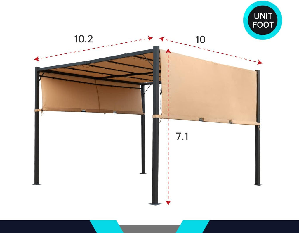 Pergolas Gazebo for Patios 10 * 10 Metal Gazebo Canopy Tent with Sliding Adjustable Canopy Weather-Resistant Fabric Quality Materials Solar Powered Led for Patio Outside Garden Backyard,Tan