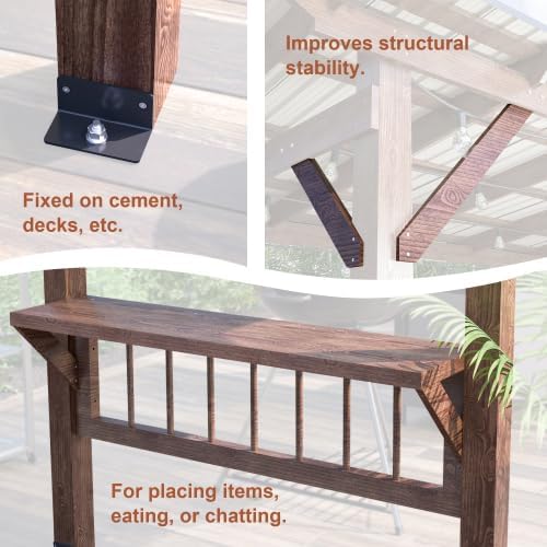 【LuckyNote】 13' x 6.5' Wooden Pergola Grill Gazebo with Metal Roof & Bulbs & Bar Counters,The Package Will be Shipped in 4 Separate parcels