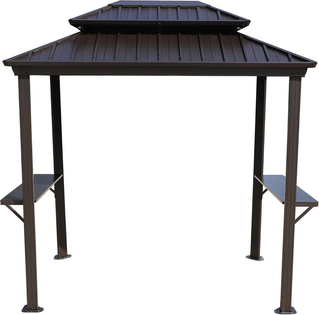 Kozyard 6' x 8' BBQ Hardtop Grill Gazebo, Outdoor Barbecue Shelter with Double Galvanized Metal Roof, Aluminum BBQ Gazebo with 2 Side Shelves for Outdoor Grilling Station (Brown, 6ft x 8ft)