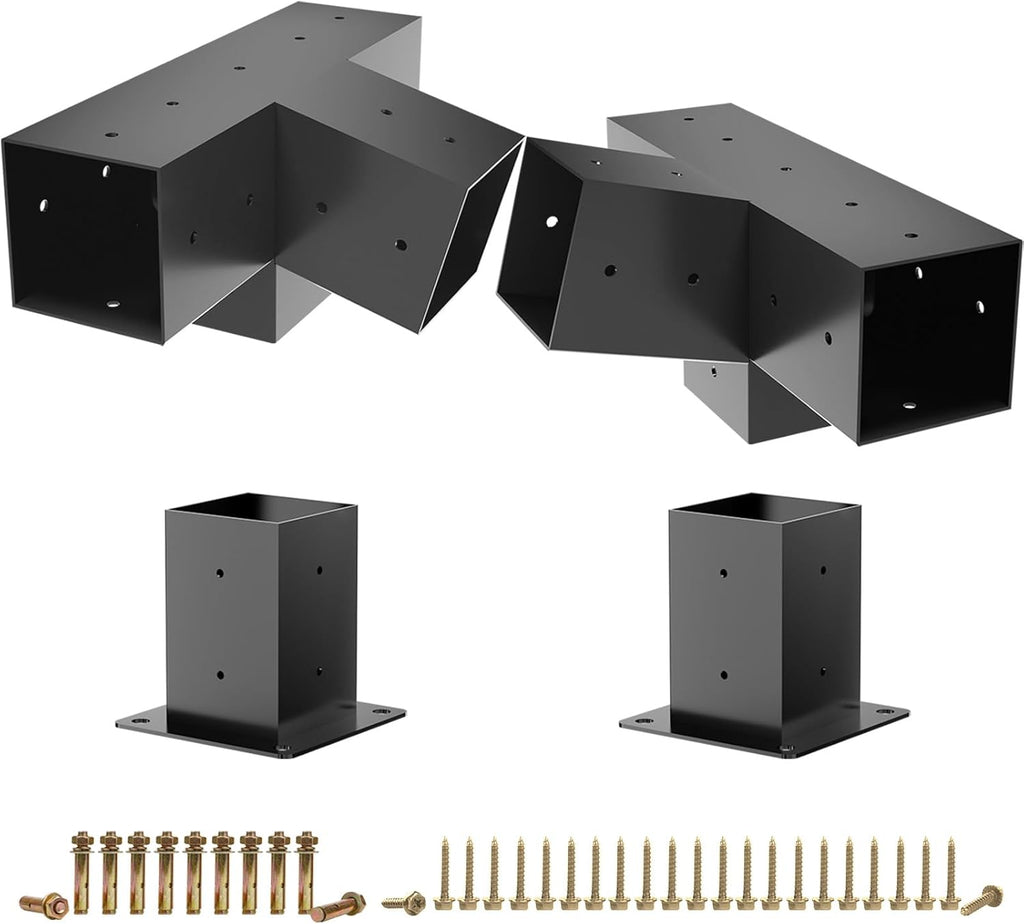 Slanted Pergola Brackets, 4PC Woodworks Pergola Kit 15° & 75° 4-Way Bracket with Post Base for 4x4'' (Actual: 3.5x3.5'') Wood Beams Elevated Wood Stand Kit