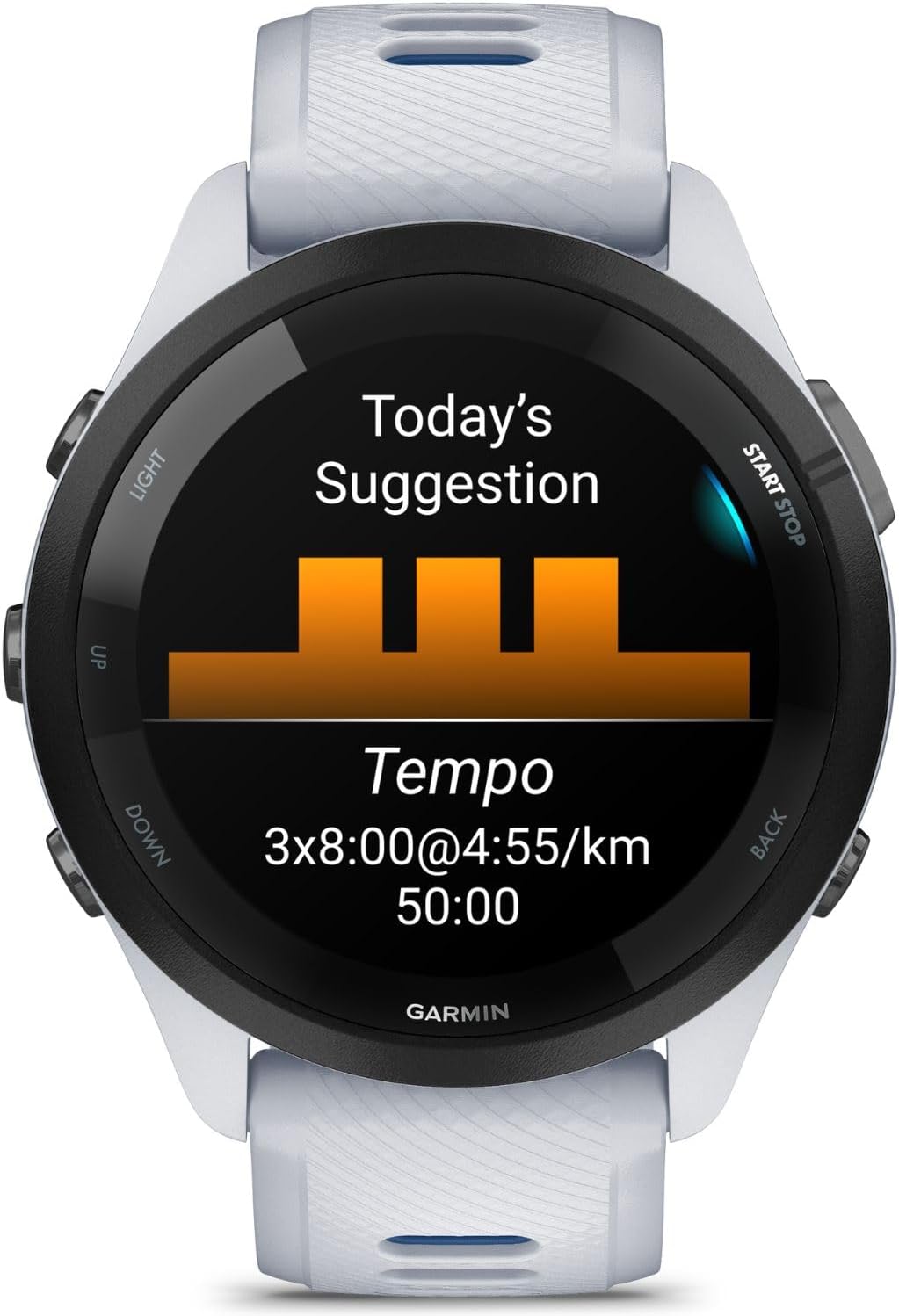 Garmin Forerunner 265 GPS Smartwatch, Whitestone/Tidal Blue Bundle with Deco Essentials Charging Dock Venu 3 + Silicone Dust Cover + USB Type C Charging and Sync Cable