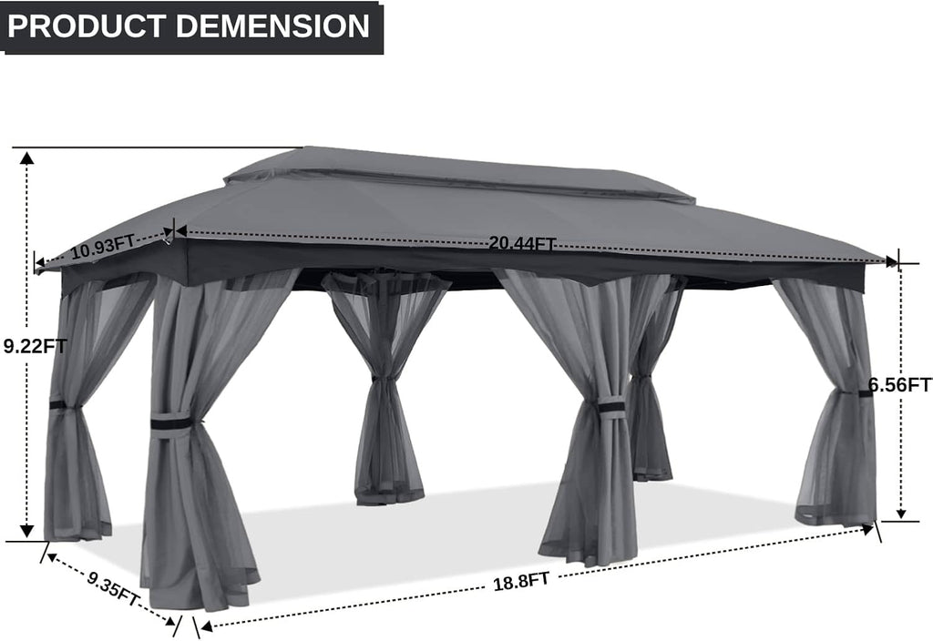 ABCCANOPY Outdoor Patio Gazebo 10x20 - Double Roof Canopy with Mosquito Netting for Backyard, Deck, Garden, Lawn, Dark Gray