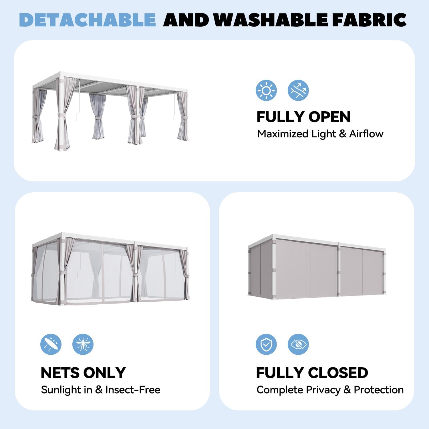 MELLCOM Louvered Pergola 10x20, Steel Aluminum Pergola with Adjustable Louvered Roofs, Outdoor Gazebo with Waterproof Curtains and Nets, White