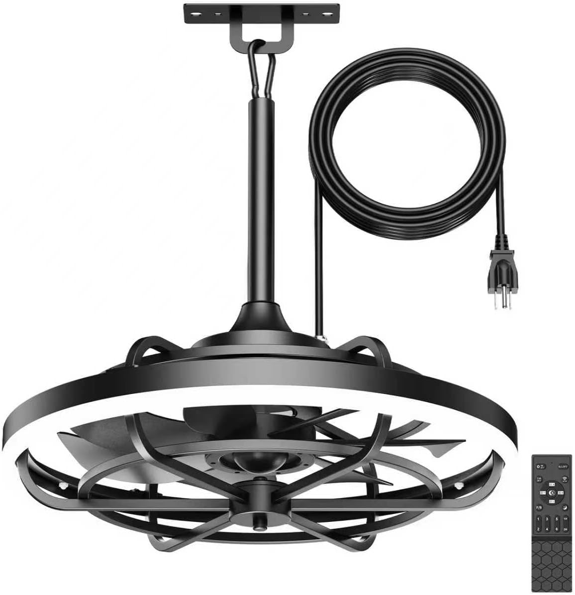 Outdoor Ceiling Fans with Lights for Patios Waterproof, 20' Gazebo Fan Outdoor Hanging & Hook-3CCT Dimmable LED,Black Plug in Caged Ceiling Fan with Light & Remote for Outside Porch, Pergola