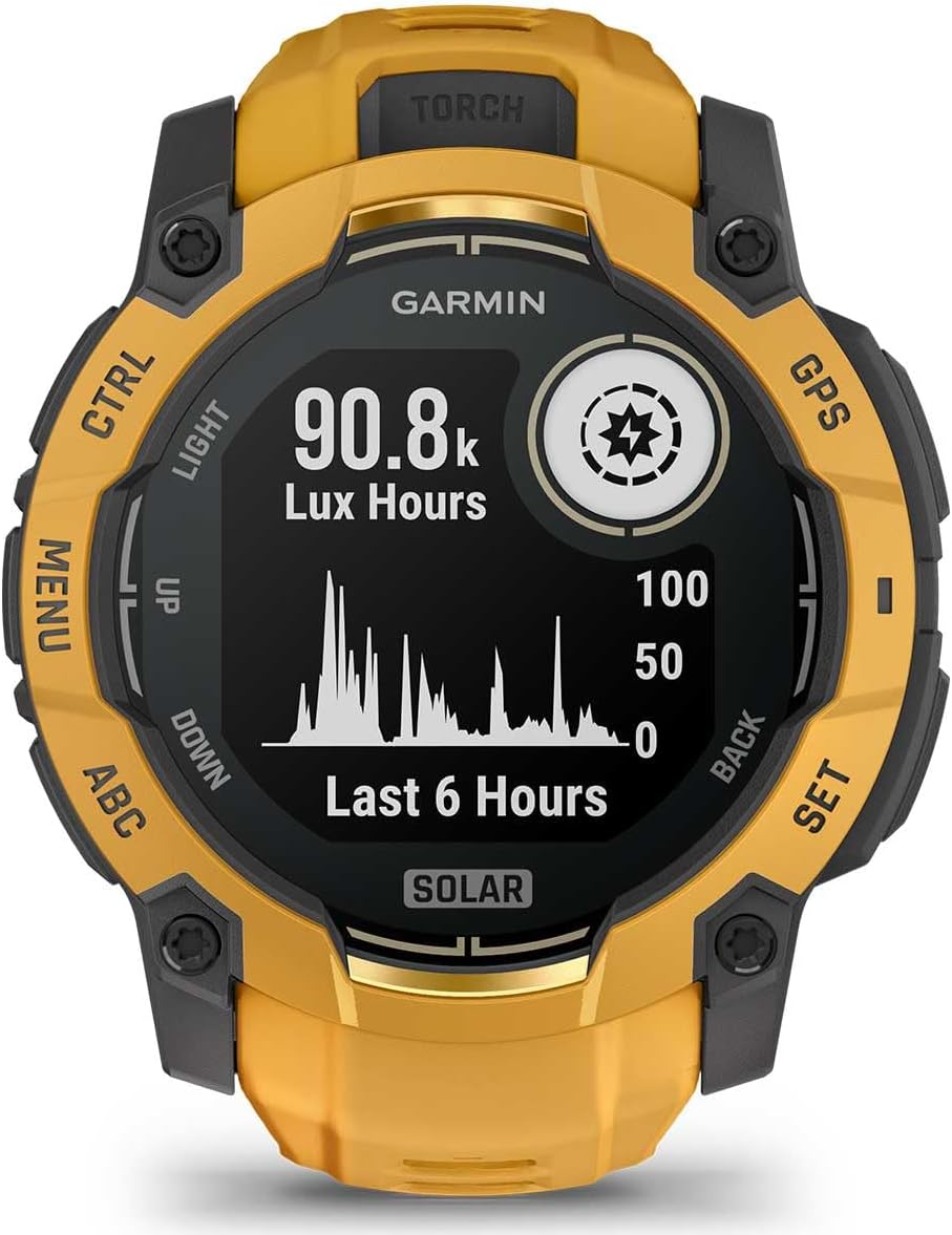 PlayBetter Garmin Instinct 3 Alpine Rush Solar (Sunburst/Gray, 45 mm) Outdoor GPS Smartwatch Gift Box Bundle - Built-in Flashlight, 24/7 Health & Wellness Screen Protectors, Wall Adapter & Case