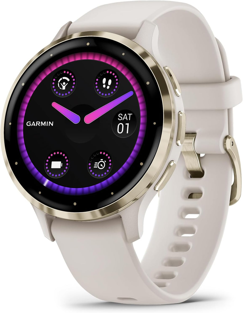 Garmin Venu 3S Running GPS Smartwatch with AMOLED Display, Advanced Health, Fitness Features, Up to 14 Day Battery Life with Signature Series Modern Power Stand | Soft Gold with Ivory Silicone Band