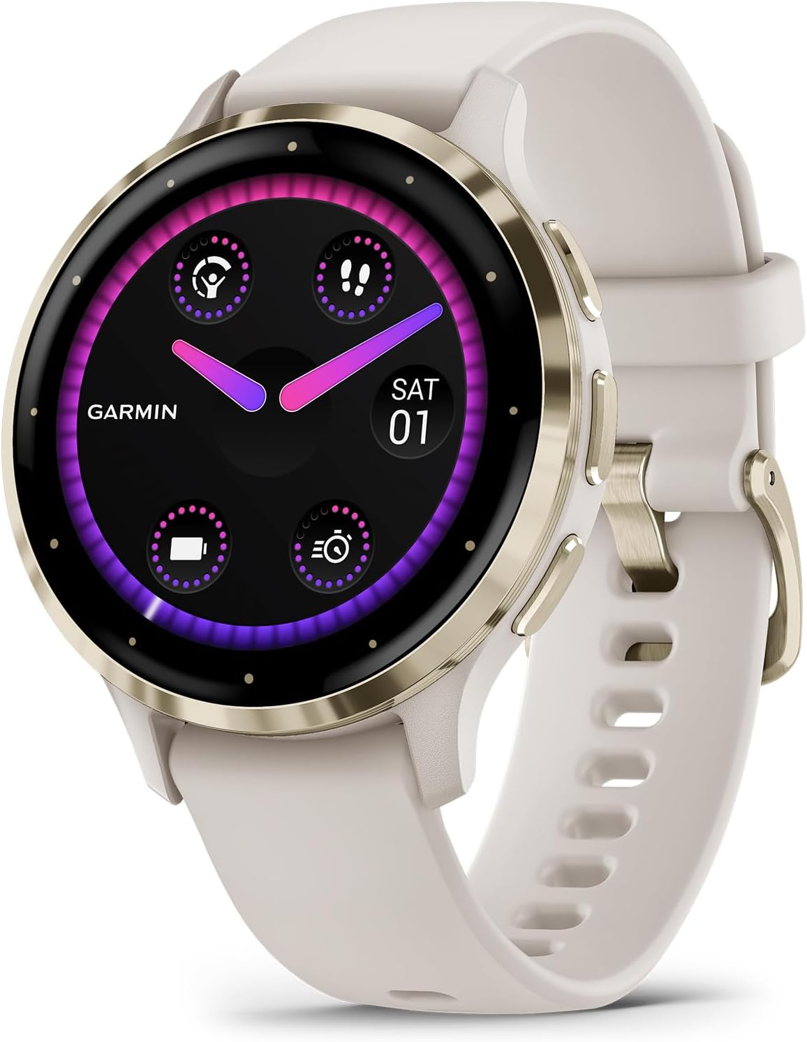 Garmin Venu 3S Running GPS Smartwatch with AMOLED Display, Advanced Health, Fitness Features, Up to 14 Day Battery Life with Signature Series Modern Power Stand | Soft Gold with Ivory Silicone Band