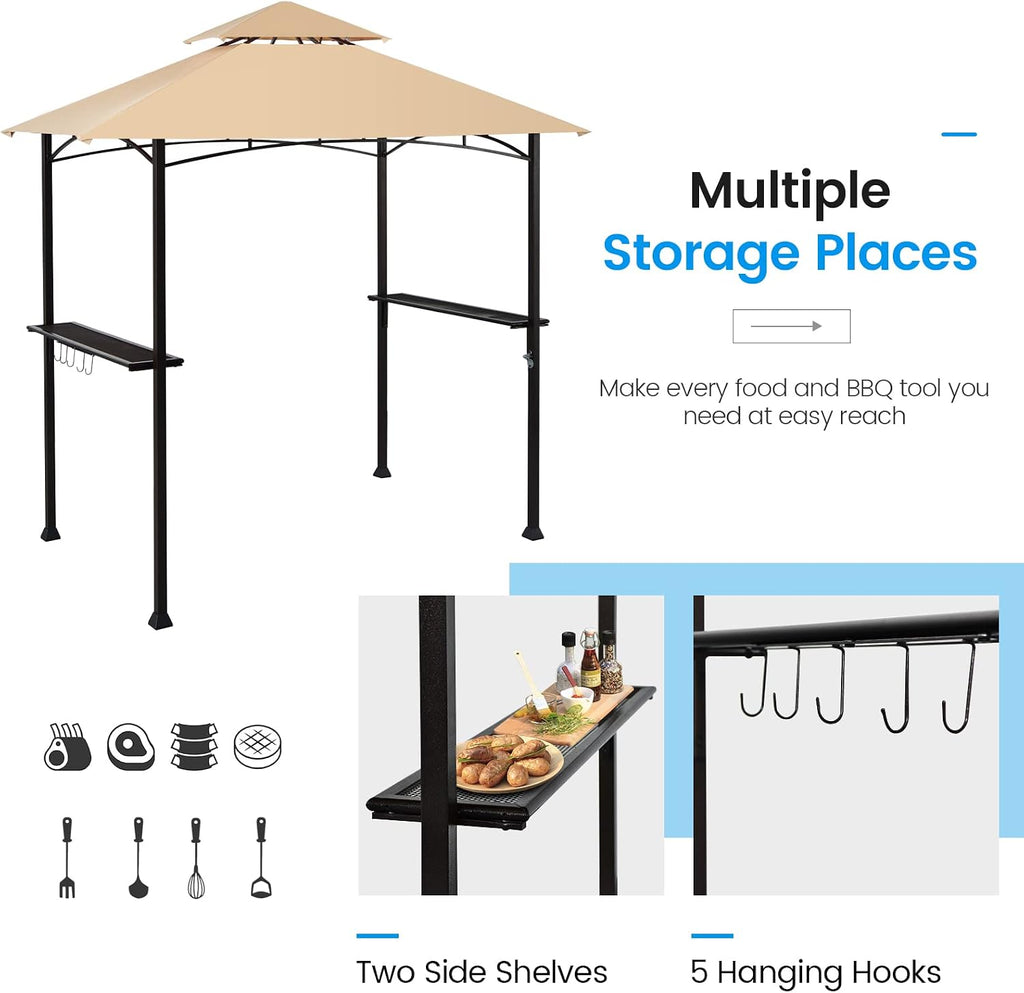 Giantex 8ft x 5ft Grill Gazebo Station with Canopy, Heavy Duty Steel Frame, 2 Side Shelves, 5 Hooks, 8 Ground Stakes, Outdoor Grill Shelter Barbecue Tent for Backyard Patio Camping (Beige)