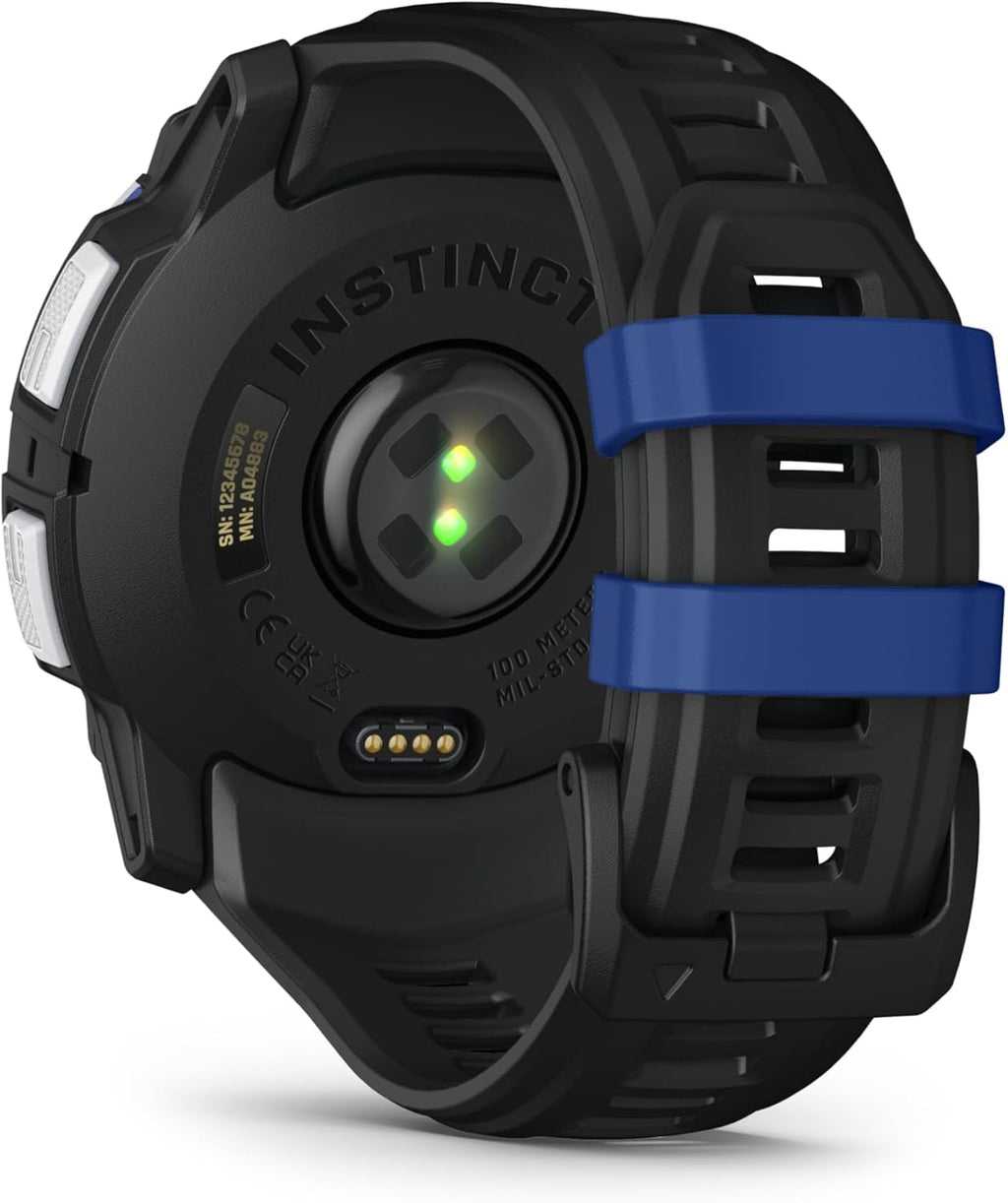 Garmin Instinct 3 Solar 50mm, Rugged Outdoor GPS Smartwatch, Built-in Flashlight, Health Tracking, Supernova Collection, Silicone Band | Black/Bolt Blue, Signature Series Mission-Ready Power Dock
