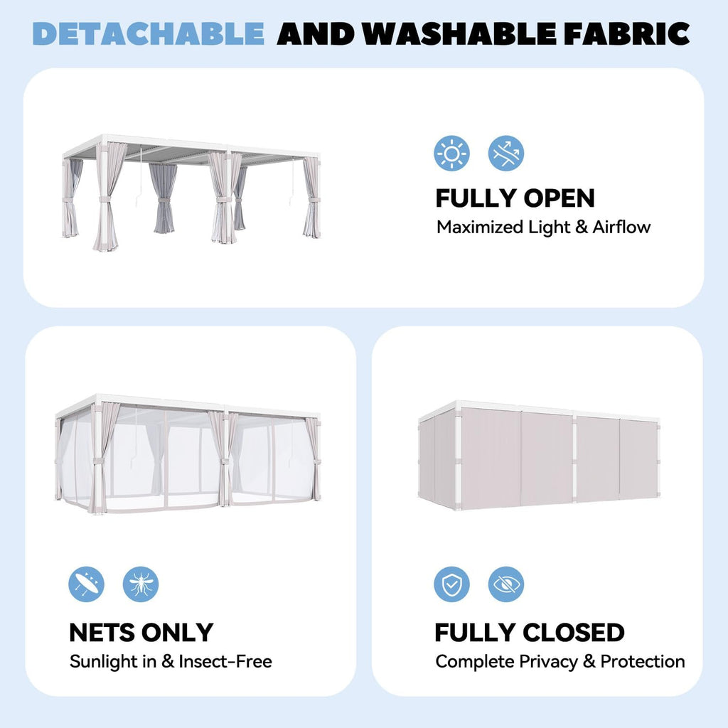 MELLCOM Louvered Pergola 12x20, Steel Aluminum Pergola with Adjustable Louvered Roofs, Outdoor Gazebo with Waterproof Curtains and Nets, White