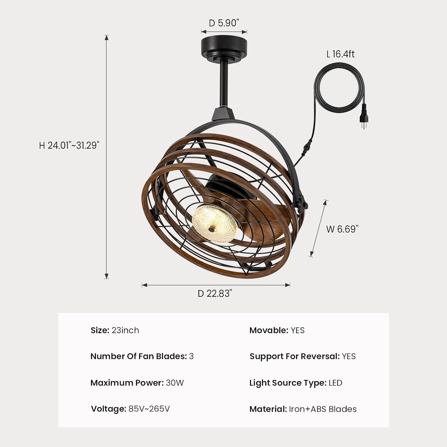 Outdoor Ceiling Fan with Lights, 23'' Waterproof Gazebo Fan with Remote Control Smart App, Plug in Caged Ceiling Fan for Patios, Pergola Porch