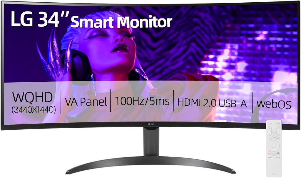 LG 34' Curved Smart WQHD (3440x1440) Monitor, 100Hz, HDR10, 99% sRGB, webOS 23, AirPlay 2, Screen Share, Built-in Speakers, Includes Remote Control