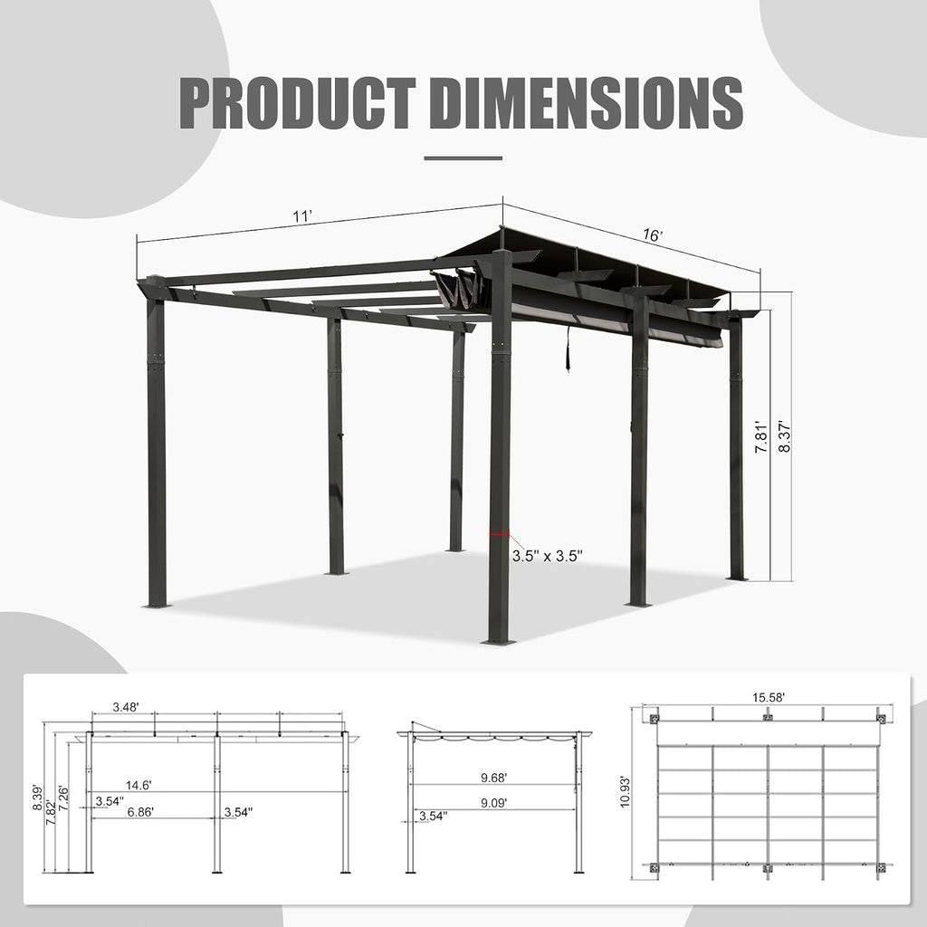 Domi 11x16ft Outdoor Retractable Pergola with Sun Shade Canopy, Pergolas and Gazebos Clearance, Patio Metal Canopy for Deck, Garden, Backyard