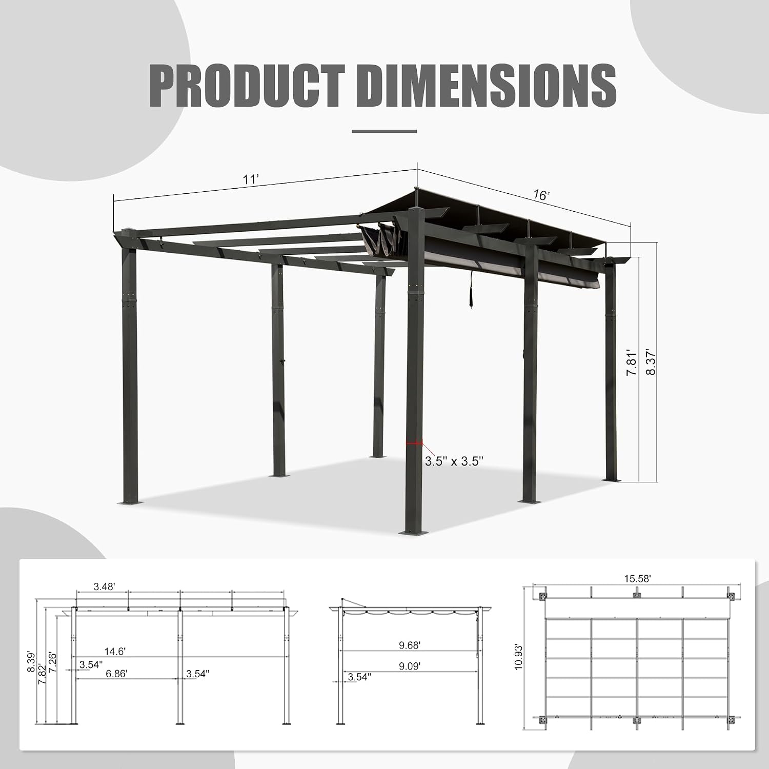 Domi 11x16ft Outdoor Retractable Pergola with Sun Shade Canopy, Pergolas and Gazebos Clearance, Patio Metal Canopy for Deck, Garden, Backyard