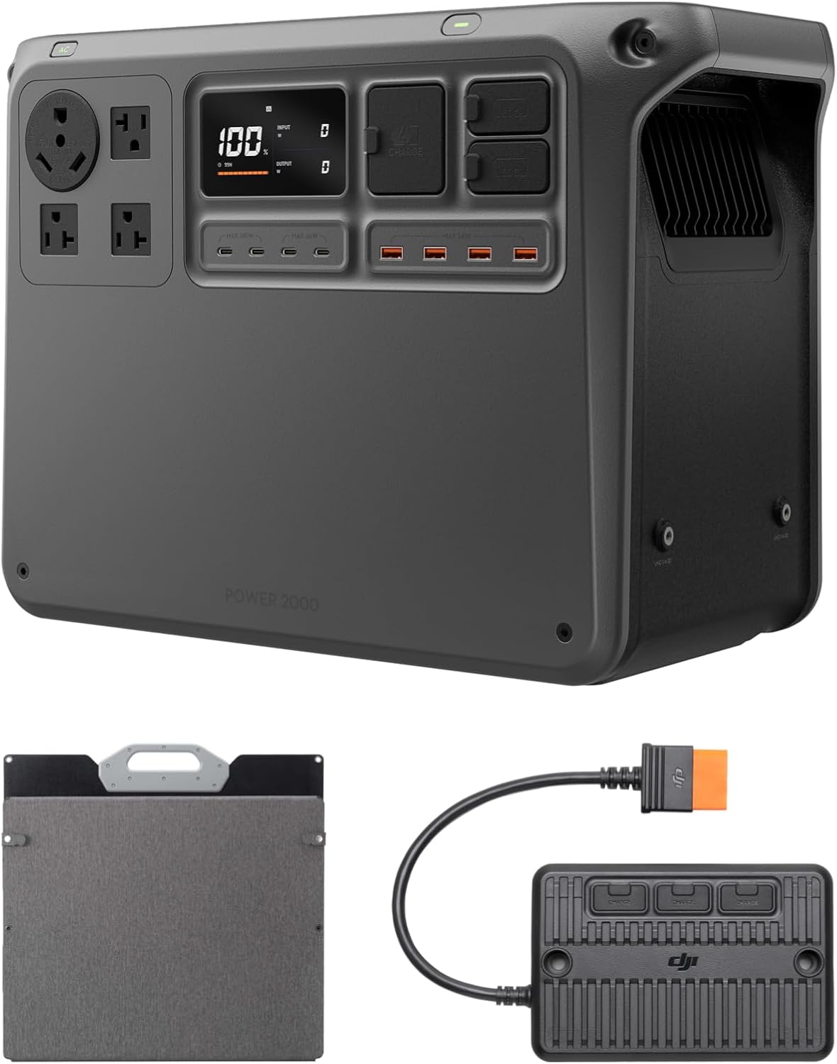 DJI Power 2000 Portable Power Station, Foldable Solar Panel, 2048Wh LFP Battery, 3000W Stable Output, 0-80% in 55 Mins, Enhanced Safety, Ultra-Quiet, Camping, Blackout, RV