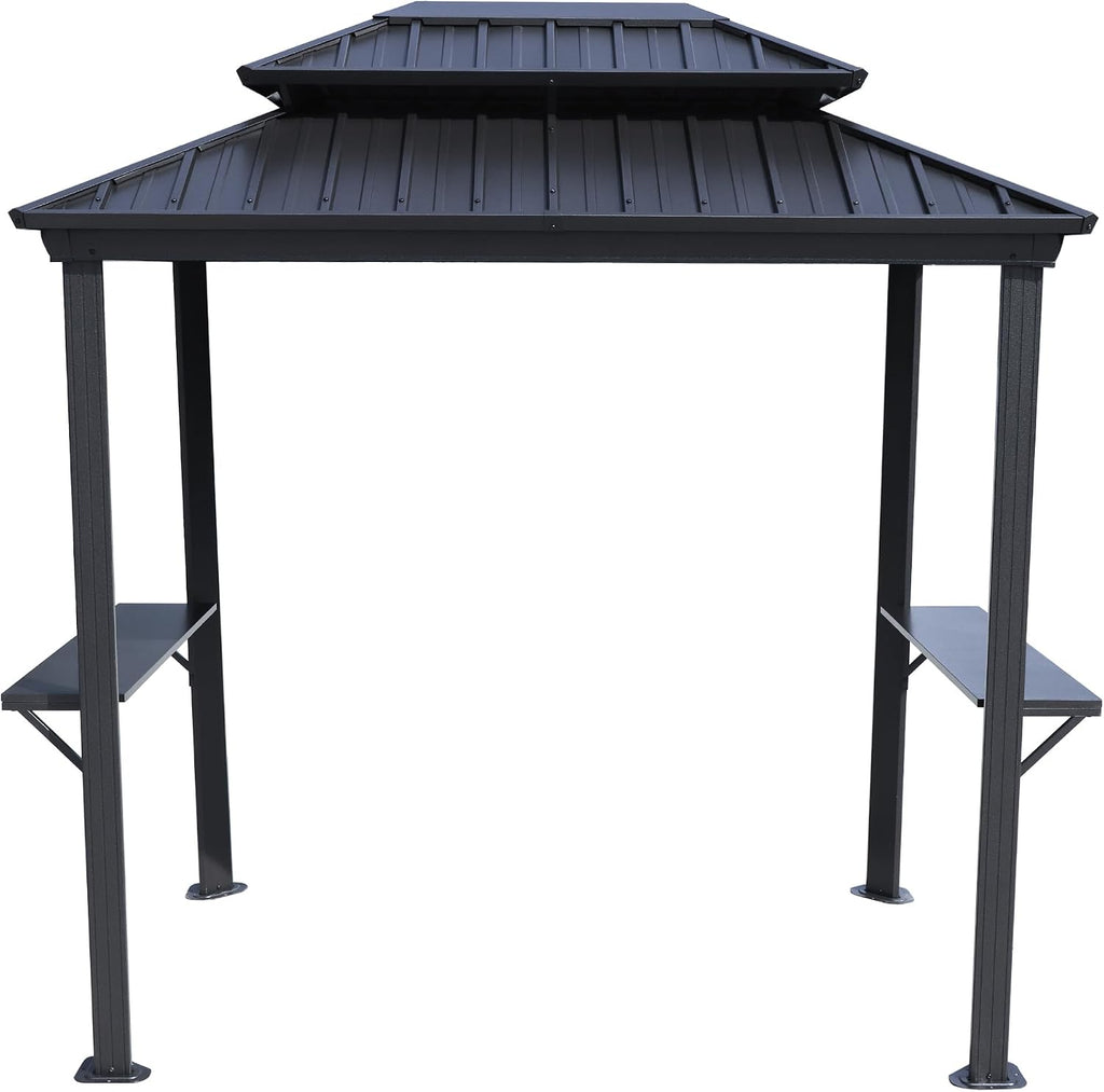Kozyard 6' x 8' BBQ Hardtop Grill Gazebo, Outdoor Barbecue Shelter with Double Galvanized Metal Roof, Aluminum BBQ Gazebo with 2 Side Shelves for Outdoor Grilling Station (Gray, 6ft x 8ft)