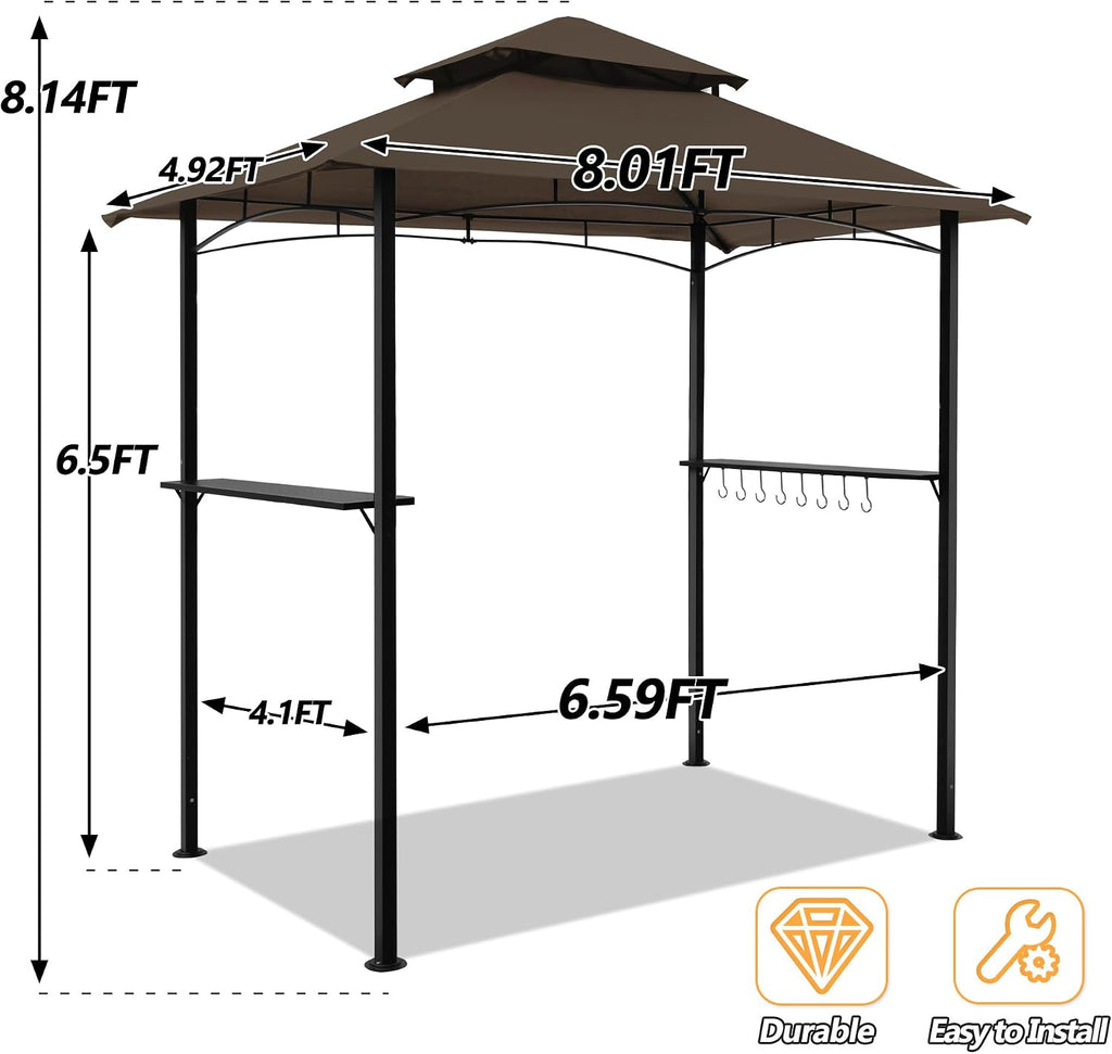 8'x 5' Grill Gazebo Canopy, Outdoor BBQ Gazebo with Led Light, Barbeque Gazebos Shelter for Patio (Brown)