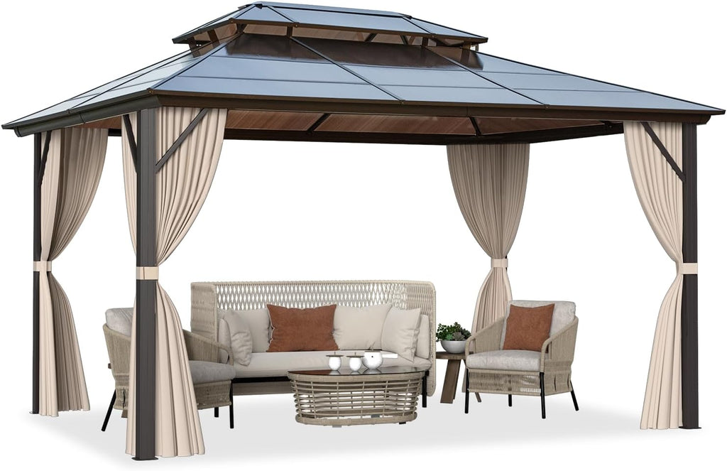 MELLCOM 10'x13' Hardtop Gazebo with Polycarbonate Double Roof, Aluminum Frame Outdoor Gazebo Permanent Pavilion with Curtains and Netting for Patio, Lawn & Garden