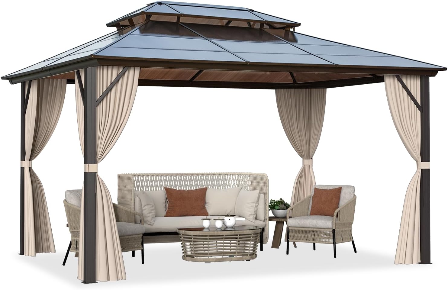 MELLCOM 10'x13' Hardtop Gazebo with Polycarbonate Double Roof, Aluminum Frame Outdoor Gazebo Permanent Pavilion with Curtains and Netting for Patio, Lawn & Garden