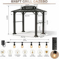 8'x6' Grill Gazebo with String Lights-50ft, Outdoor Hardtop BBQ Canopy with Galvanized Steel Double Roof and Aluminum Frame, 2 Side Shelves for Patio, Backyard, Deck, and Lawn.
