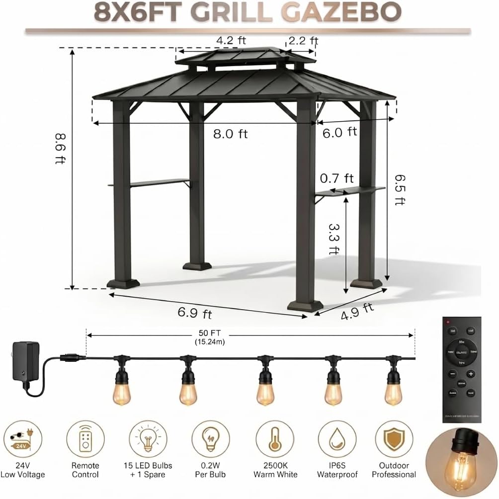 8'x6' Grill Gazebo with String Lights-50ft, Outdoor Hardtop BBQ Canopy with Galvanized Steel Double Roof and Aluminum Frame, 2 Side Shelves for Patio, Backyard, Deck, and Lawn.