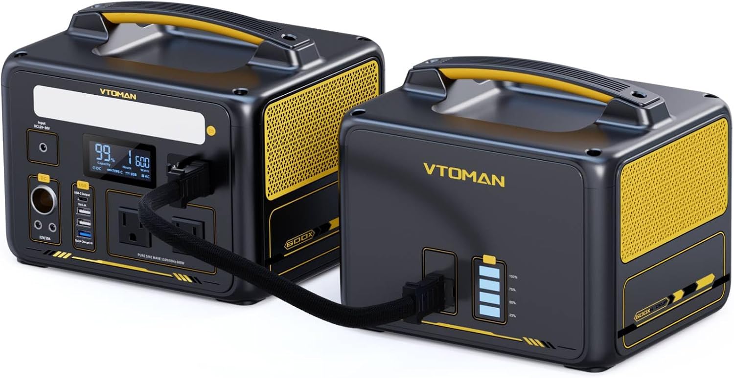 VTOMAN Jump600X 600W Portable Power Station with 640Wh Extra Battery, 939Wh Solar Generator LiFePO4 Battery, Peak 1200W AC Outlet, PD 60W USB-C, 3x12V/10A DC for Outdoor Camping, Off-grid, Home Backup