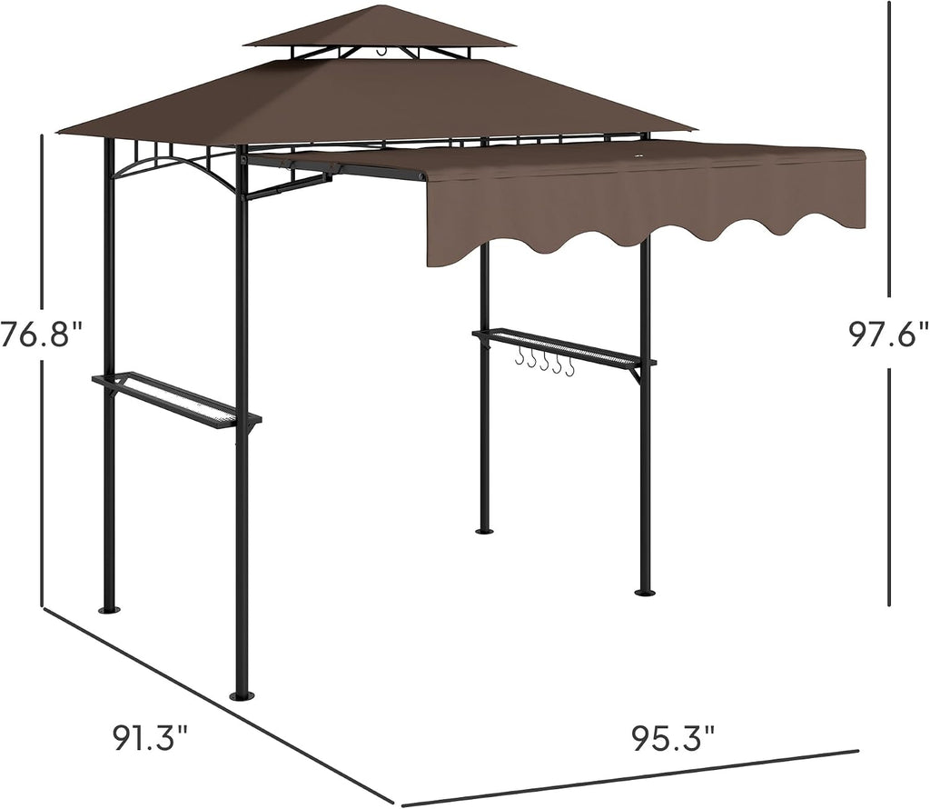 Outsunny 8' x 7.6' Grill Gazebo, Double Tiered Outdoor BBQ Gazebo with Side Awning, 2 Side Shelves and 6 Hooks for Patio, Deck, Yard, Brown