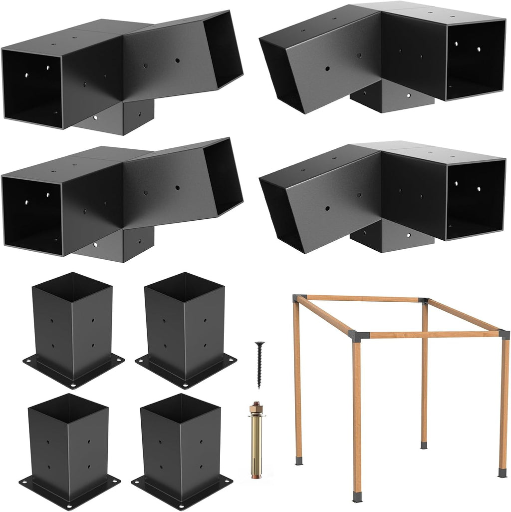 Eapele 8PCS 15° Slanted Roof Pergola Brackets, 3-Way Roof Wall Mount Extension Pergola Kit, Wood Post Base Bracket,Log Cabin