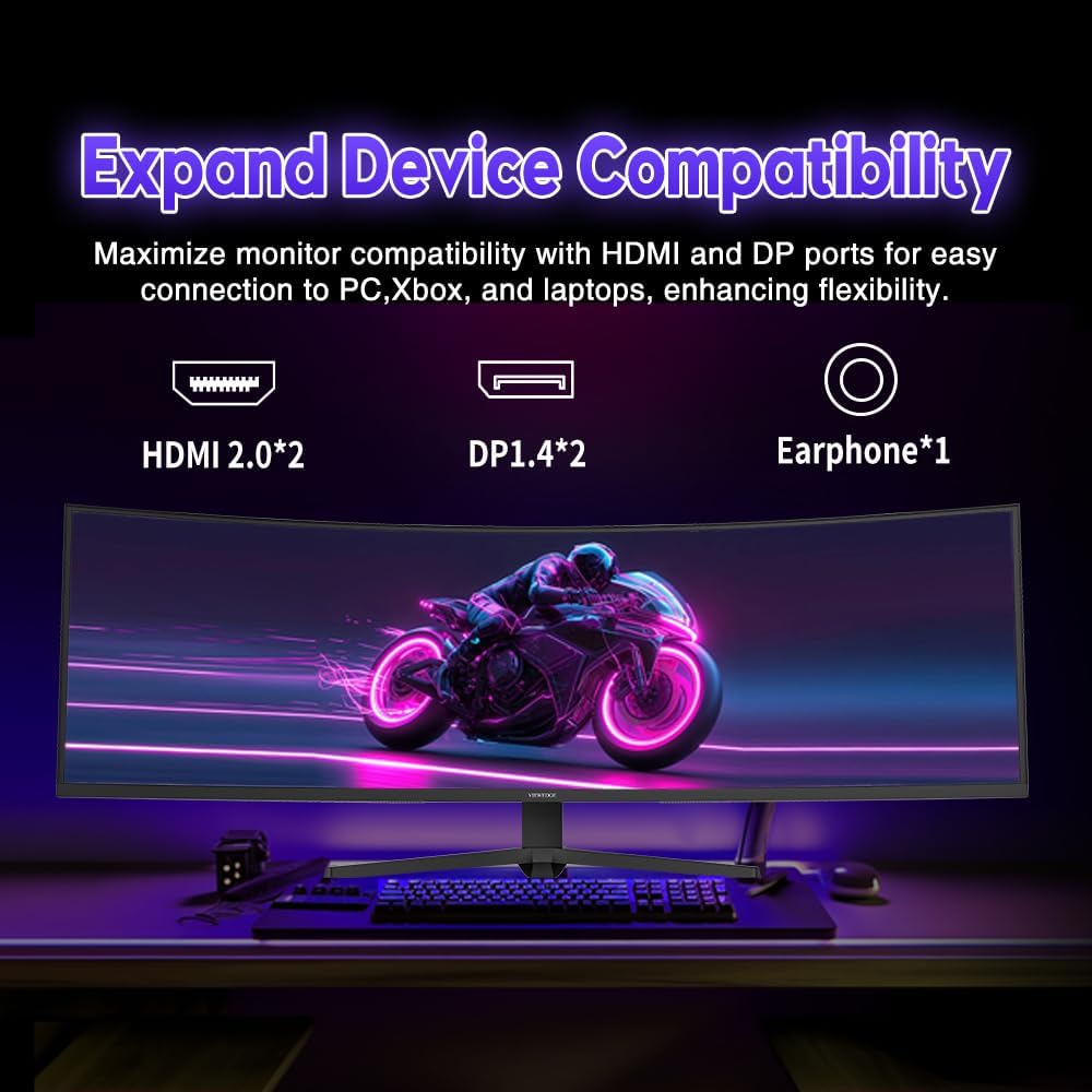 Viewedge 49' Curved Monitor Ultrawide Gaming 120Hz 1ms 32:9 DQHD 5120 x 1440P Computer Monitor, R1500, 110% sRGB, DisplayPort, HDMI,Support Crosshair and Wall Mount