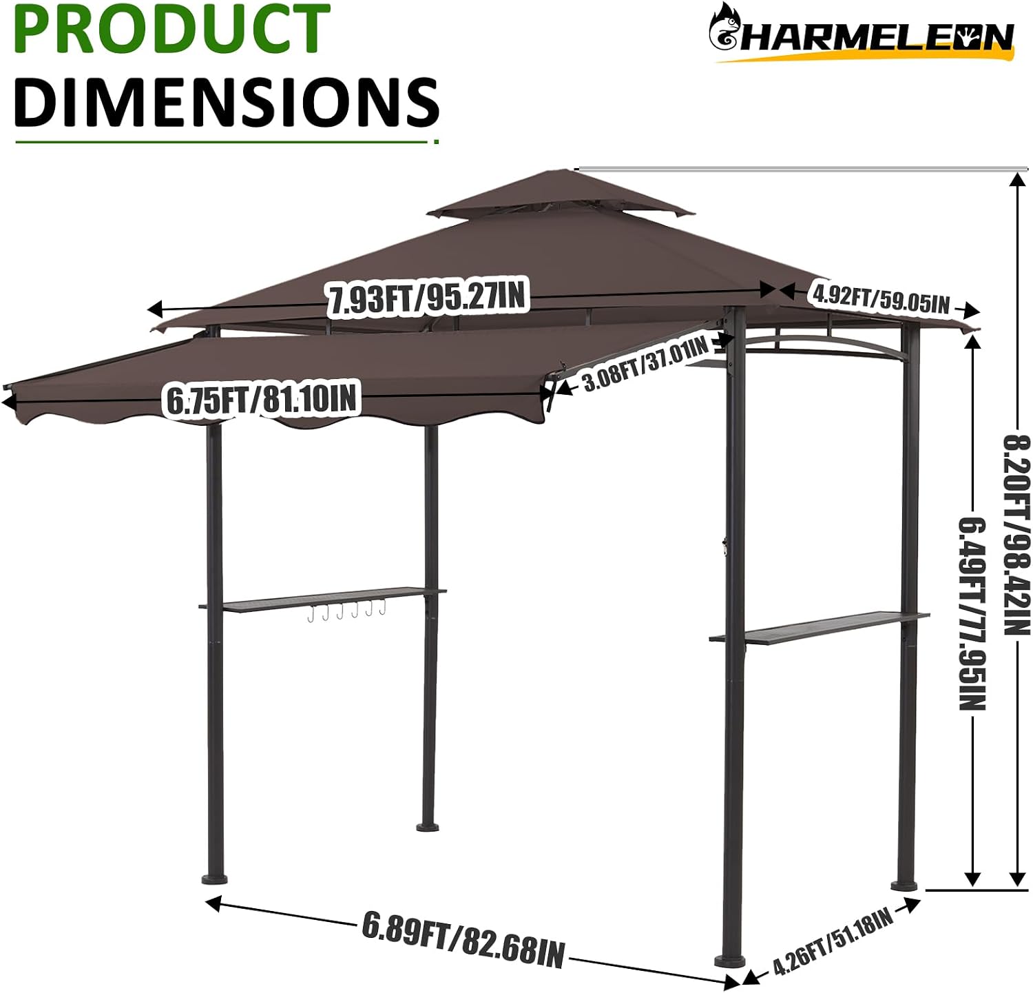 CHARMELEON 8x8 FT Grill Gazebo, Grill Canopy with Big Awning&2 Side Shelves&6 Hooks&Bottle Opener, Powder-Coated Steel BBQ Shelter for Patio Backyard Outdoor Grilling-Brown