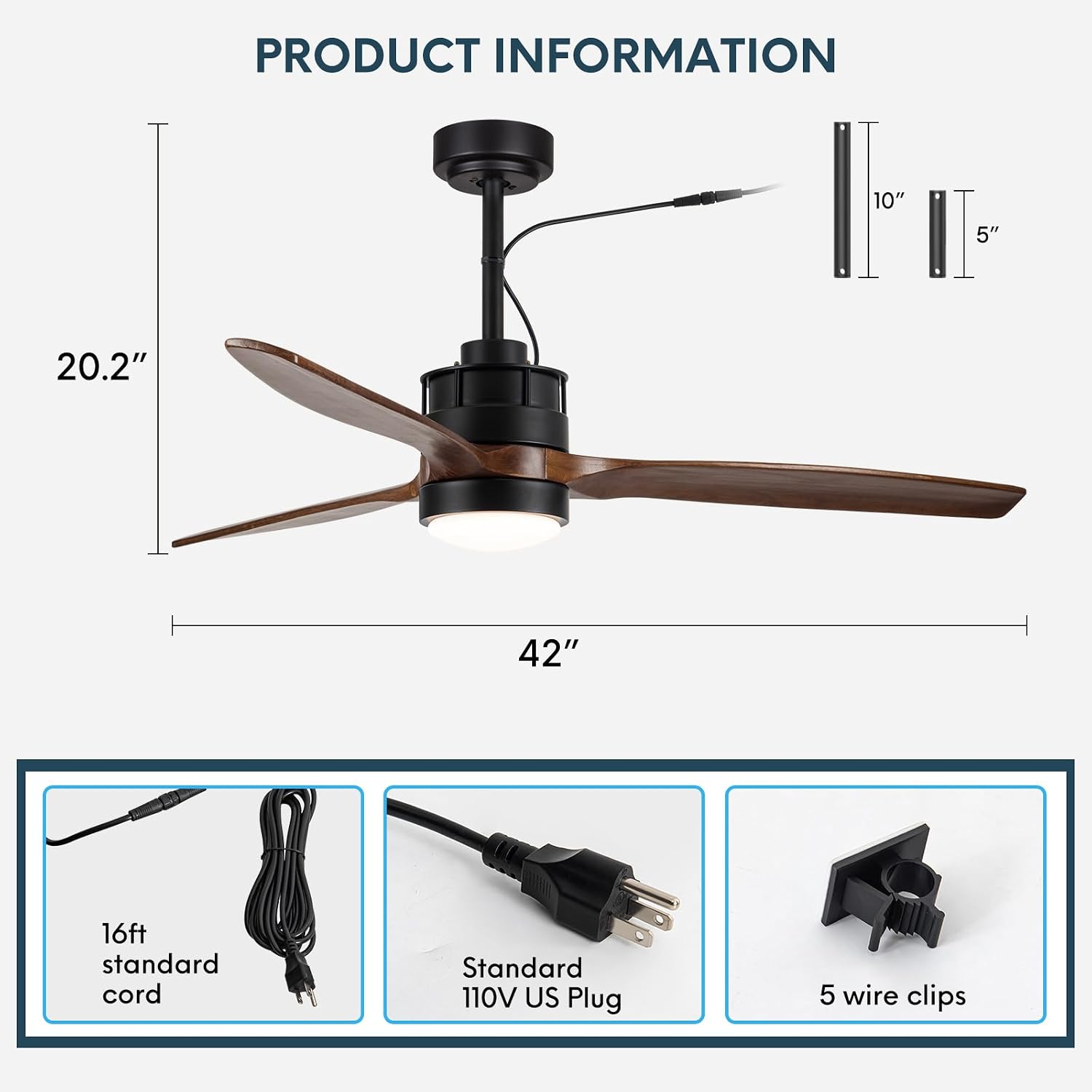 EKIZNSN 42'' Outdoor Ceiling Fans Waterproof with Light for Patios/Gazebo/Pergola, 16-feet Extension Cord Included
