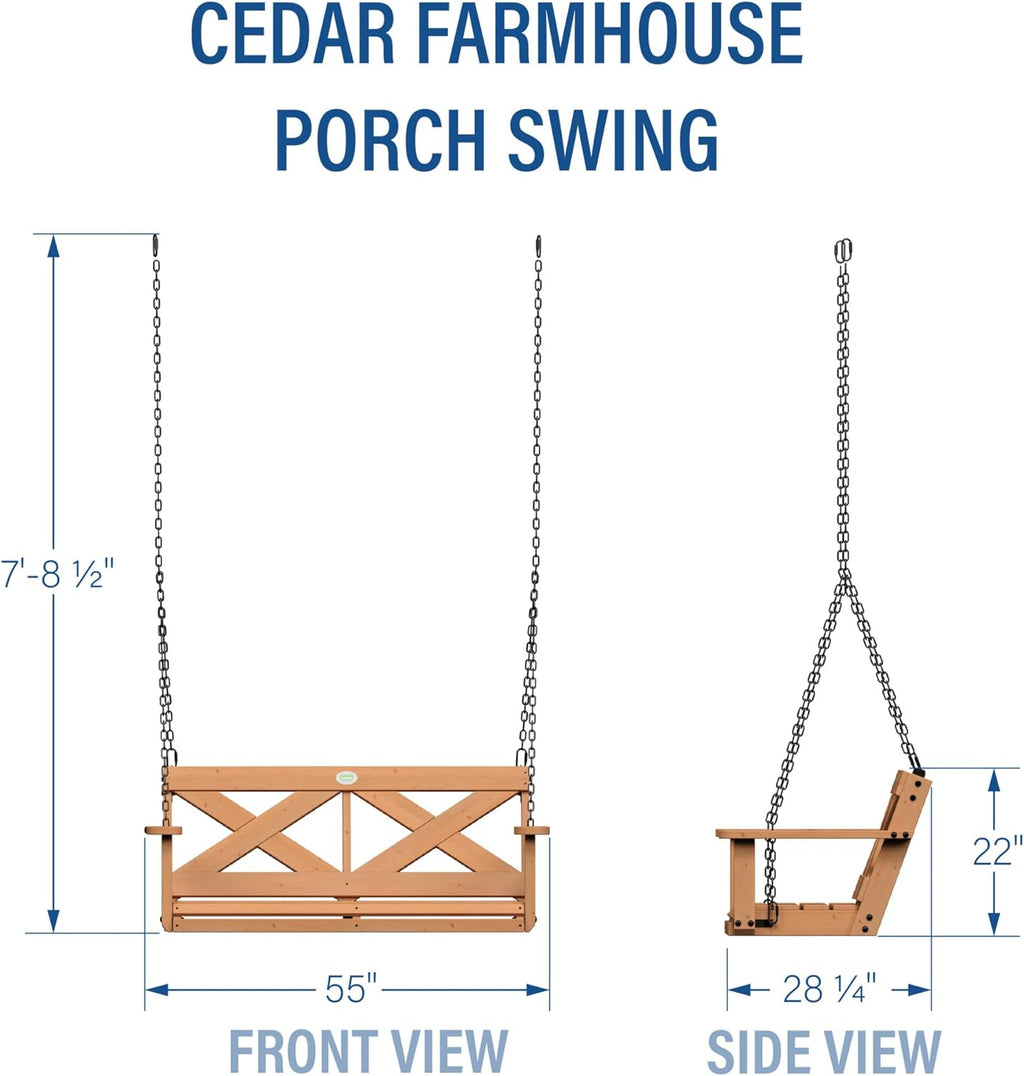 Backyard Discovery 55' Cedar Wood Farmhouse Outdoor Porch Swing Bench with Two-Person Seating, Durable Hanging Chains, Water-Resistant, Heavy-Duty 600 Lbs Weight Capacity for Patio, Deck, Garden