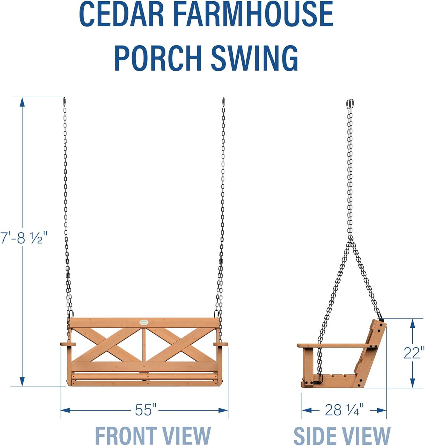 Backyard Discovery 55' Cedar Wood Farmhouse Outdoor Porch Swing Bench with Two-Person Seating, Durable Hanging Chains, Water-Resistant, Heavy-Duty 600 Lbs Weight Capacity for Patio, Deck, Garden