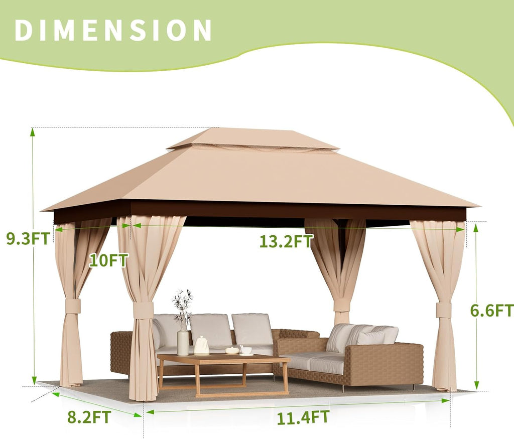 Outdoor Gazebo for Patio 10'x13' - Heavy Duty Steel Frame Canopy Party Tent Shelter with Double Roofs, Mosquito Net and Privacy Curtains for Backyard Garden Lawn (Khaki, 10x13)