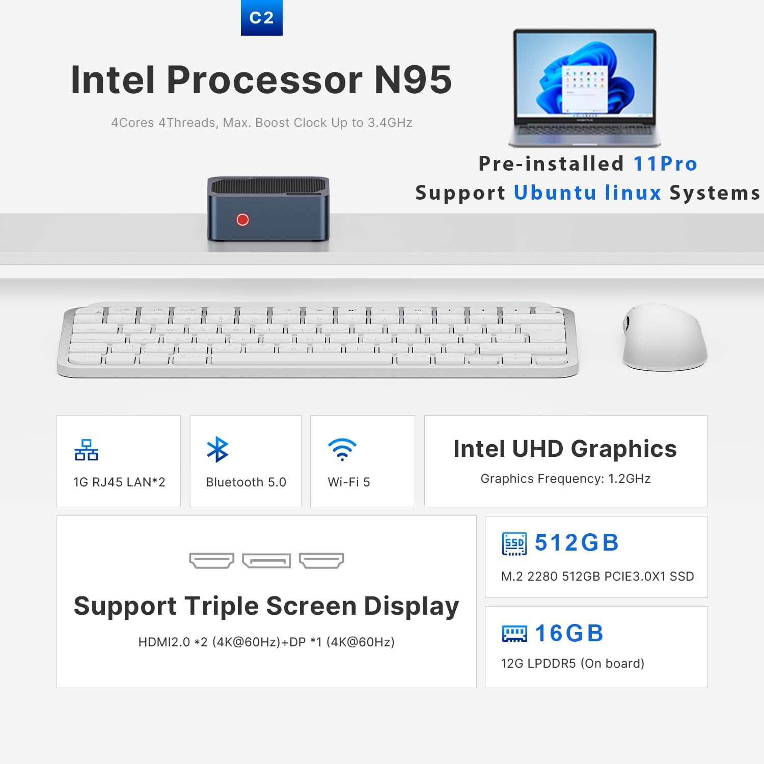 C2 Mini PC 11 Pro, Intel N95 Mini Desktop Computers 12GB LPDDR5 RAM 512GB SSD Micro PC, Dual 1000Mbps NIC LAN, HDMI 2.0, WiFi 5, BT 5.0, 4K Triple Display, Small PC for Business Home
