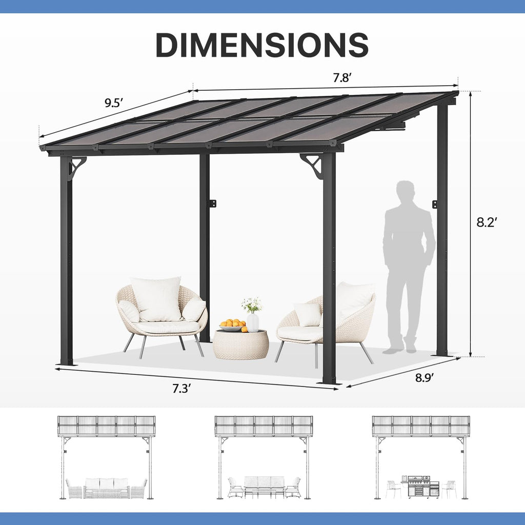 Gazebo for Patio 10' x 8', Gazebo Pergola with Sloped Roof, Large Wall-Mounted Heavy Duty Awnings, for Backyard, Deck, Patio