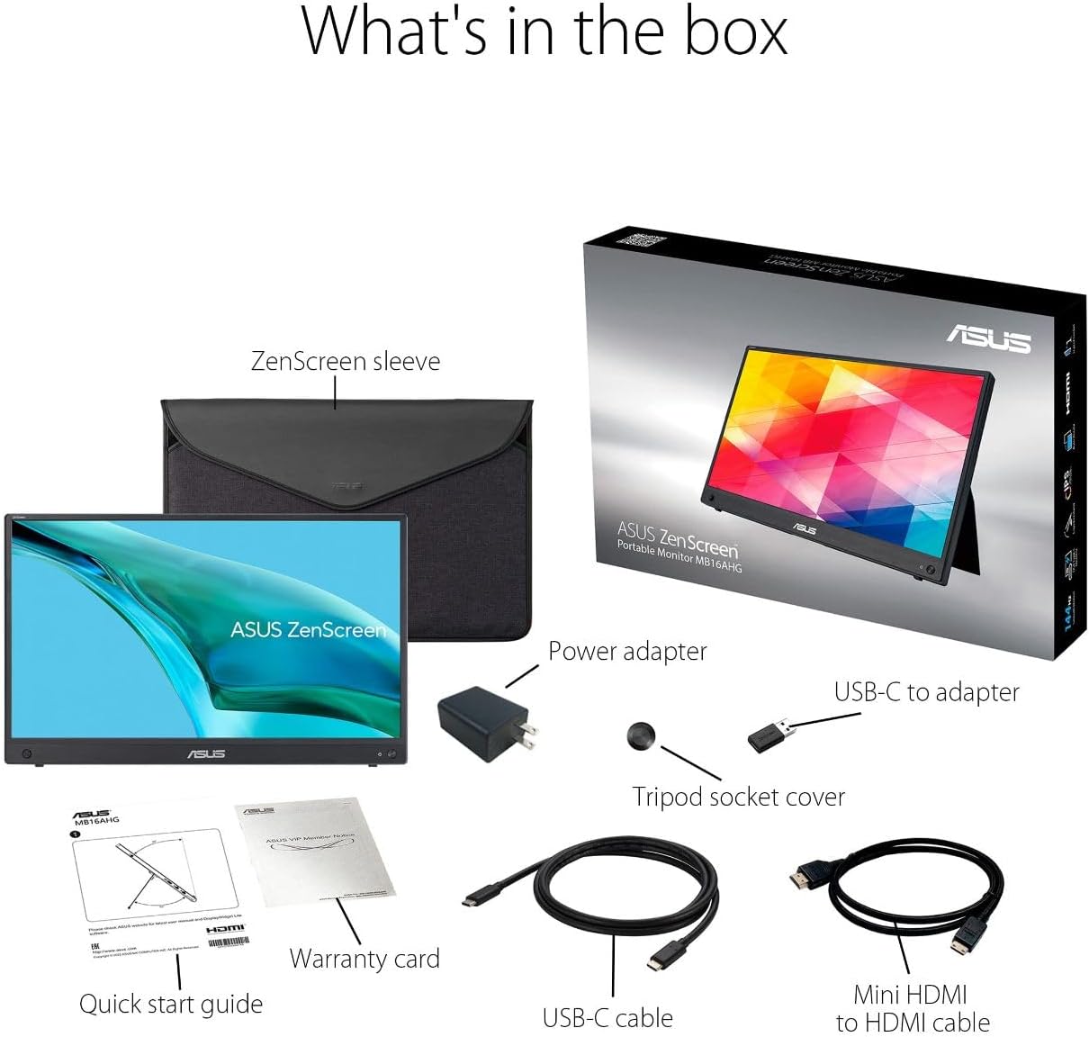 ASUS ZenScreen 15.6' 1080P Portable USB-C Monitor (MB16AHG) - Full HD, IPS, 144Hz, Mini-HDMI, Freesync Premium™, Ergo Kickstand, Eye Care, Blue Light Filter, Tripod Mountable, Protective Sleeve
