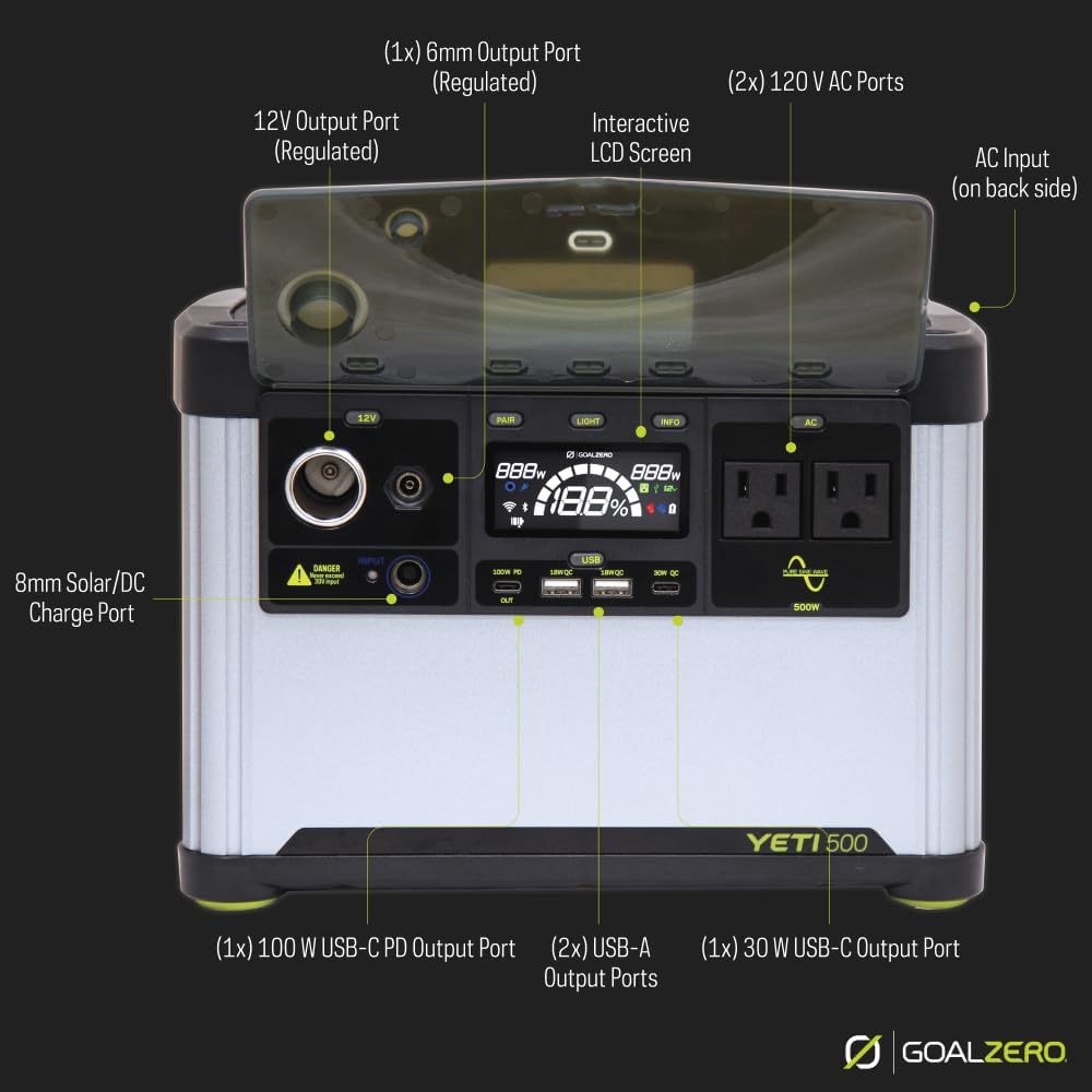 Goal Zero Yeti Portable Power Station, Yeti 500, 499 Watt Hour LiFePO4 Battery, Water resistant & Dustproof Solar Generator For Outdoors, Camping, Tailgating, & Home, Clean Renewable Off-Grid Power