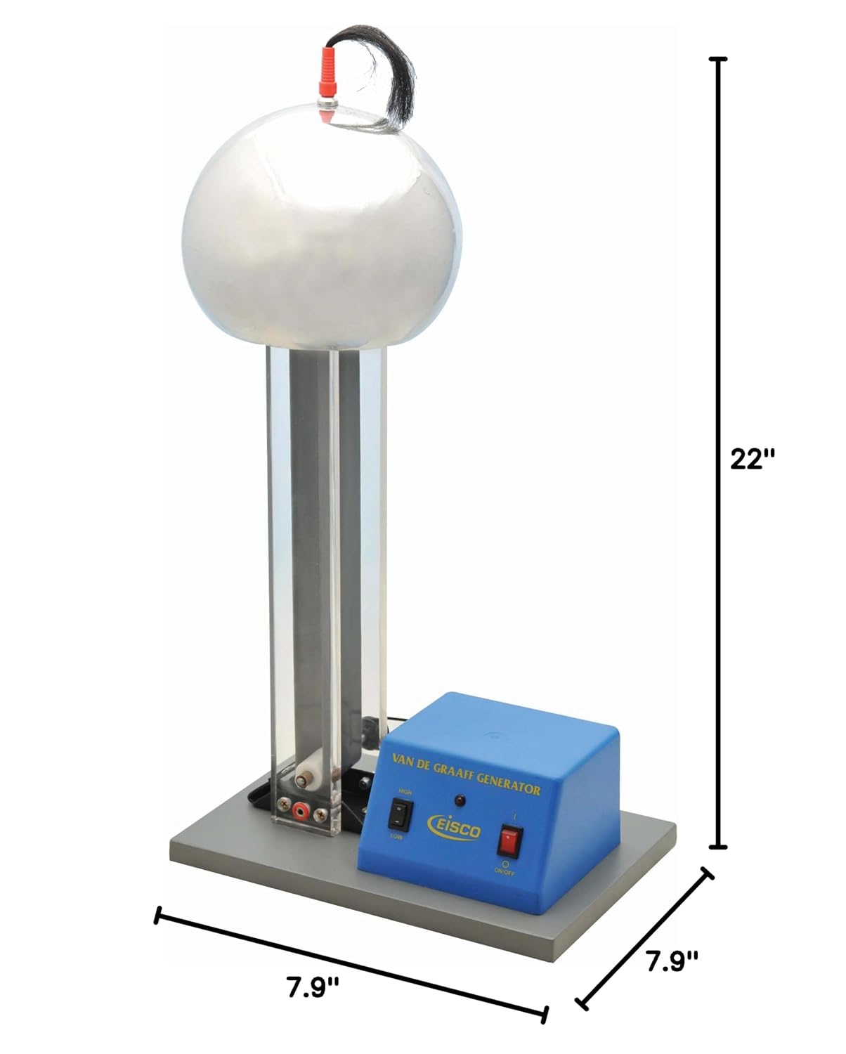 EISCO Van De Graaff Generator, Motor Driven - 120/240V, 50/60Hz - Includes Assembled Base with DC Motor, Power Cord, Discharge Wand, & Accessories - 22' Tall