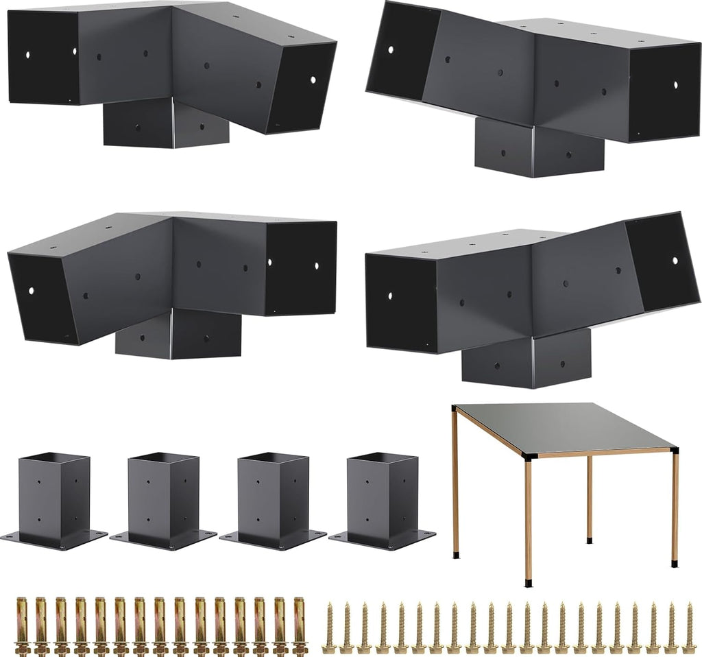 Pergola Kit - 3-Way Slanted Brackets, Powder-Coated, 4' x 4' (Actual: 3.5x3.5 Inch), Hardware for Outdoor Wood Pergolas, Gazebos, Sheds (8 pcs)