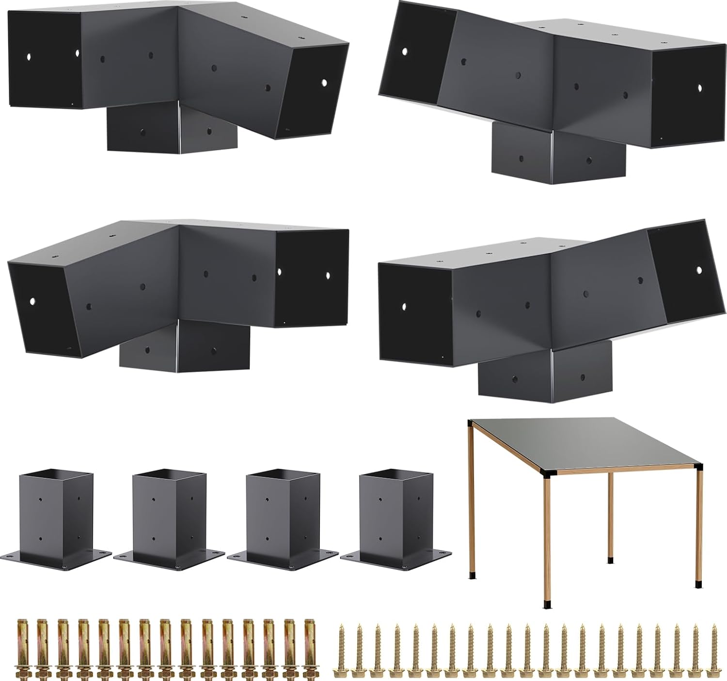 Pergola Kit - 3-Way Slanted Brackets, Powder-Coated, 4' x 4' (Actual: 3.5x3.5 Inch), Hardware for Outdoor Wood Pergolas, Gazebos, Sheds (8 pcs)
