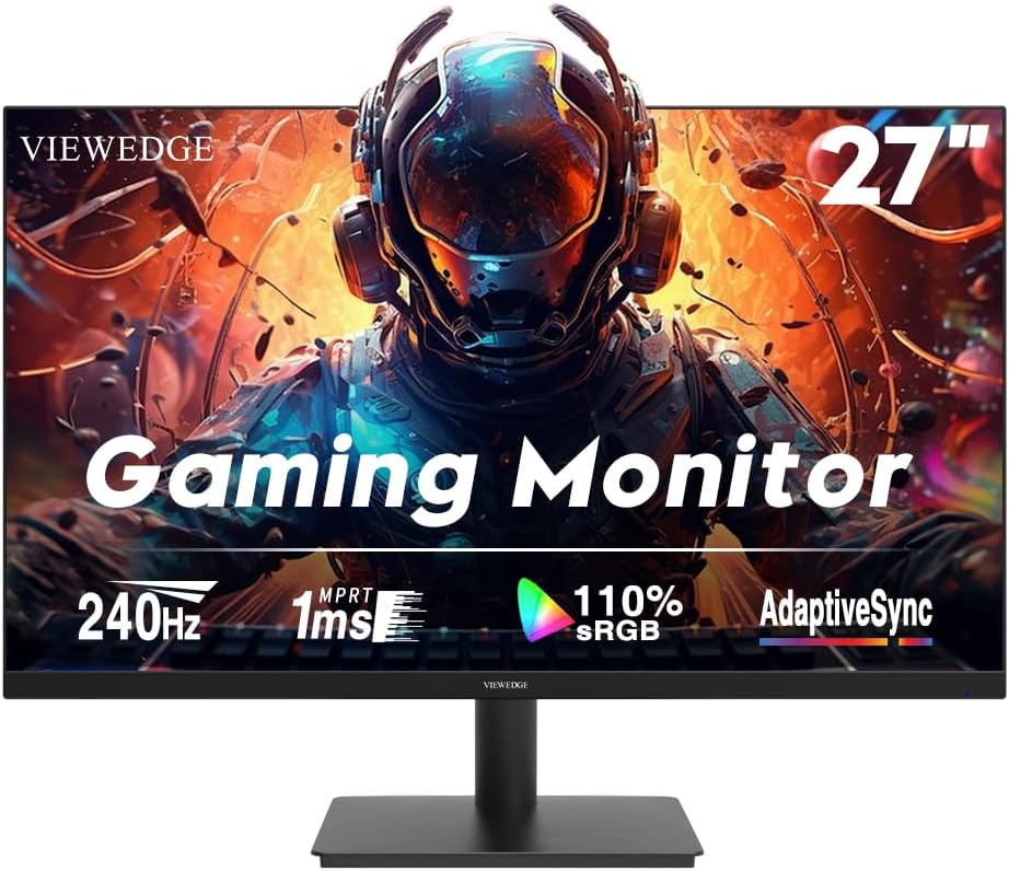 Viewedge Gaming Monitor 27 inch 240Hz 1ms FHD (1920x1080p) Computer Monitor, 110% sRGB HDR10 HDMI x 2 & DP x 2 Port, Built-in Speakers, Support Freesync and Wall Mount