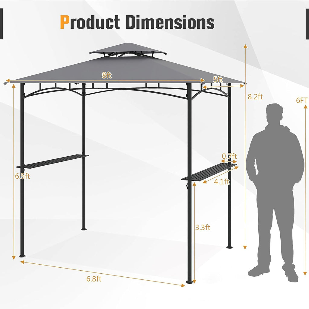 Tangkula 8x5 Ft Grill Gazebo, 2-Tier Barbecue Gazebo with 2 Shelves, 6 Hooks, Metal Frame, Outdoor Grill Canopy for Backyard Garden Poolside (Gray)